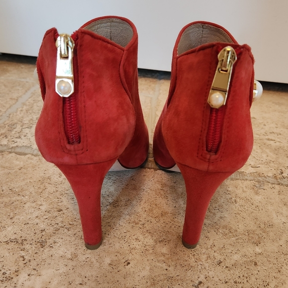 Louis Et Cie Red Leather Suede Open Toe Booties Boots Shoes Heels Pearl Gold 8.5 - Picture 3 of 7